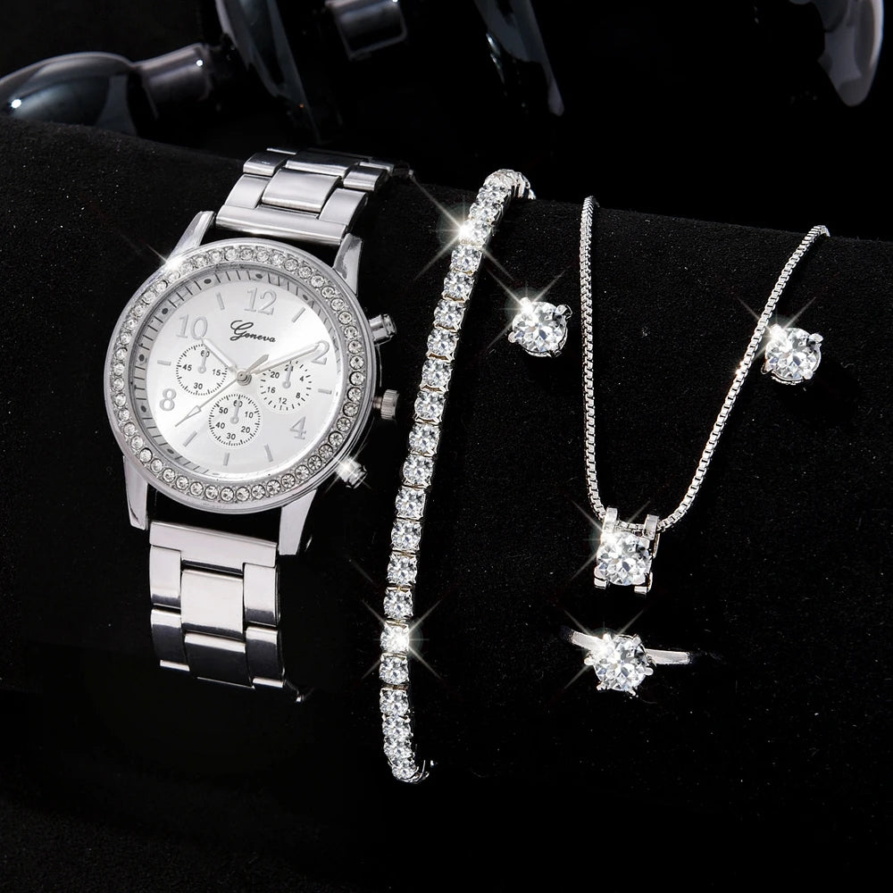 Rhinestone Fashion Jewelry Set: Luxury Watch, Ring, Necklace, and Earrings for Women